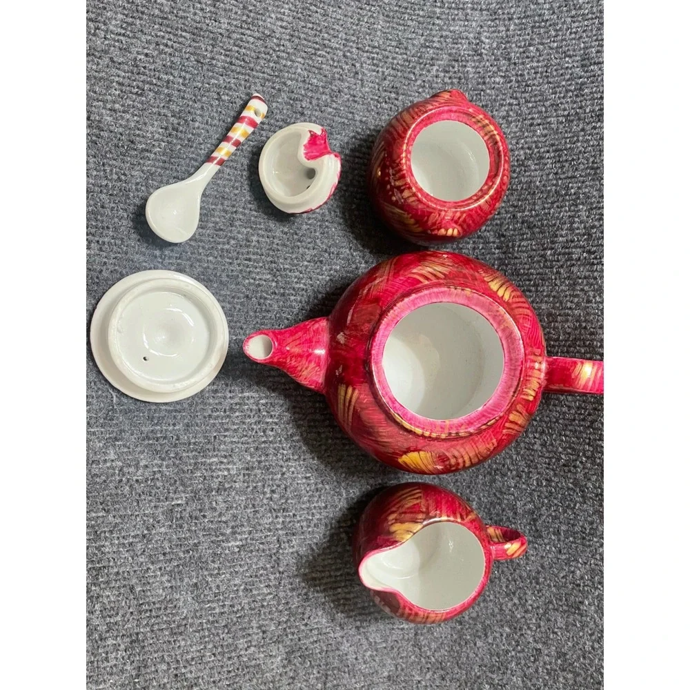BIA Cordon Bleu Magenta Hand Painted Ceramic Teapot Creamer Sugar Bowl Set